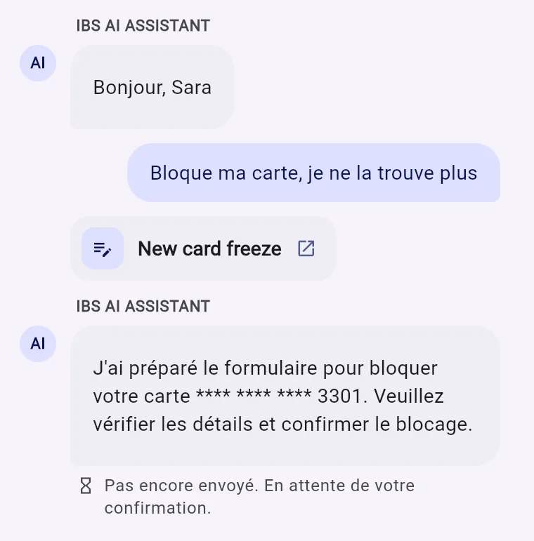 Bloquer ma carte : l'assistant prépare le blocage de la carte se terminant par 3301 et demande confirmation