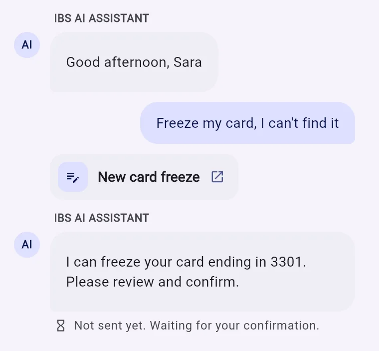Freeze my card: the assistant prepares the card freeze for the card ending in 3301 and asks to confirm