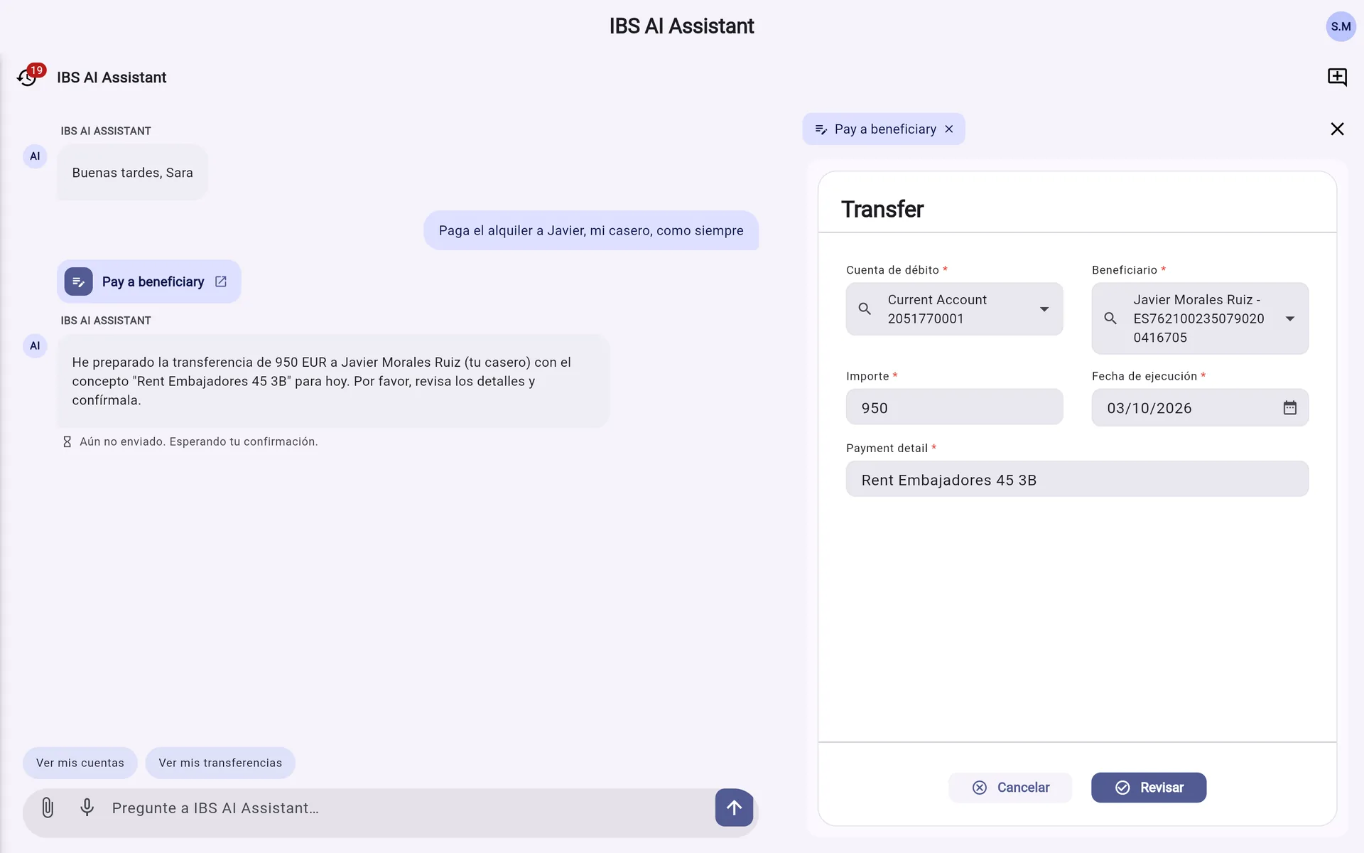 IBS AI Assistant en el ordenador: la petición del alquiler en la conversación a la izquierda y el formulario de transferencia del banco ya rellenado a la derecha