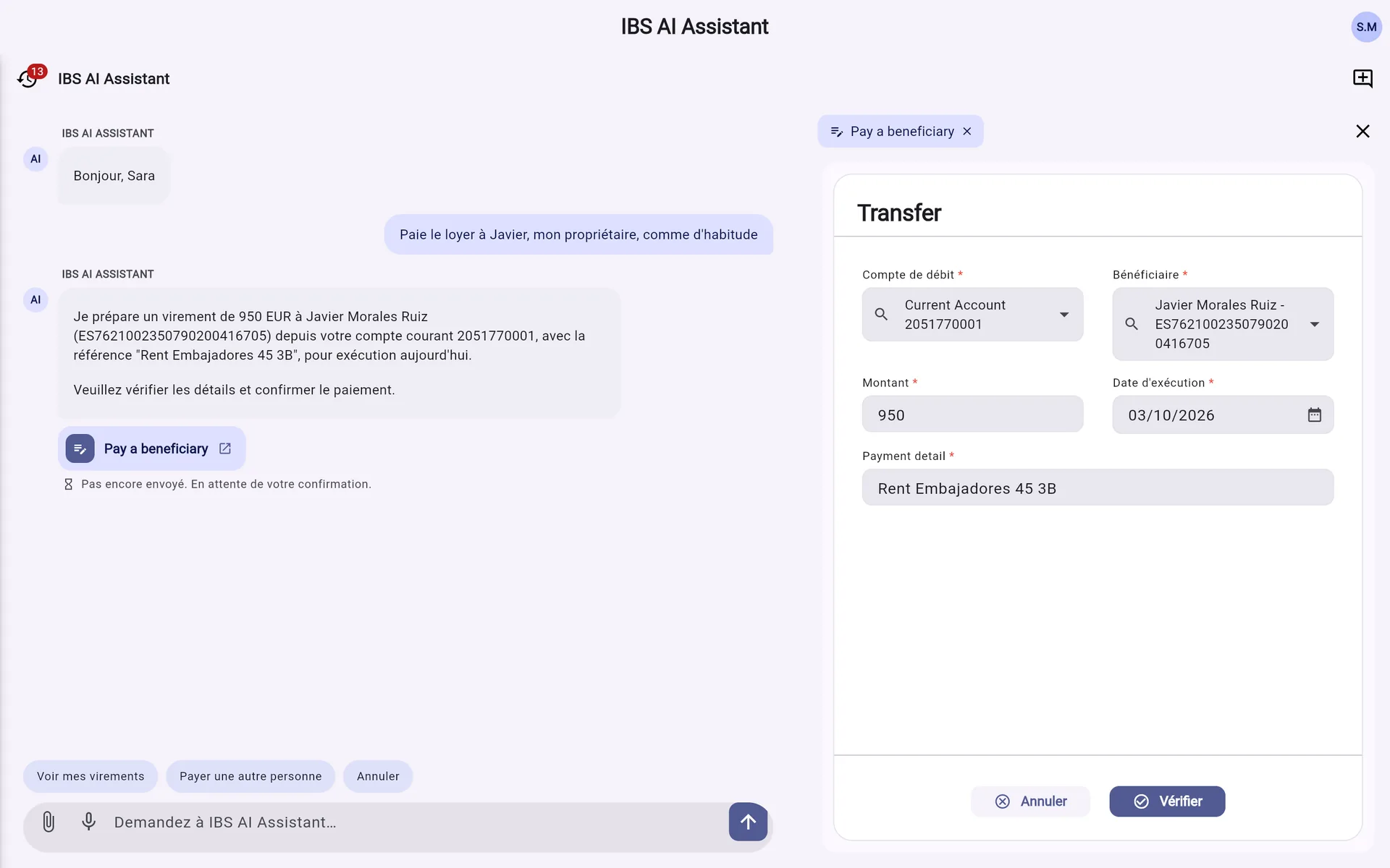 IBS AI Assistant sur ordinateur : la demande de loyer dans la conversation à gauche, le formulaire de virement de la banque prérempli à droite
