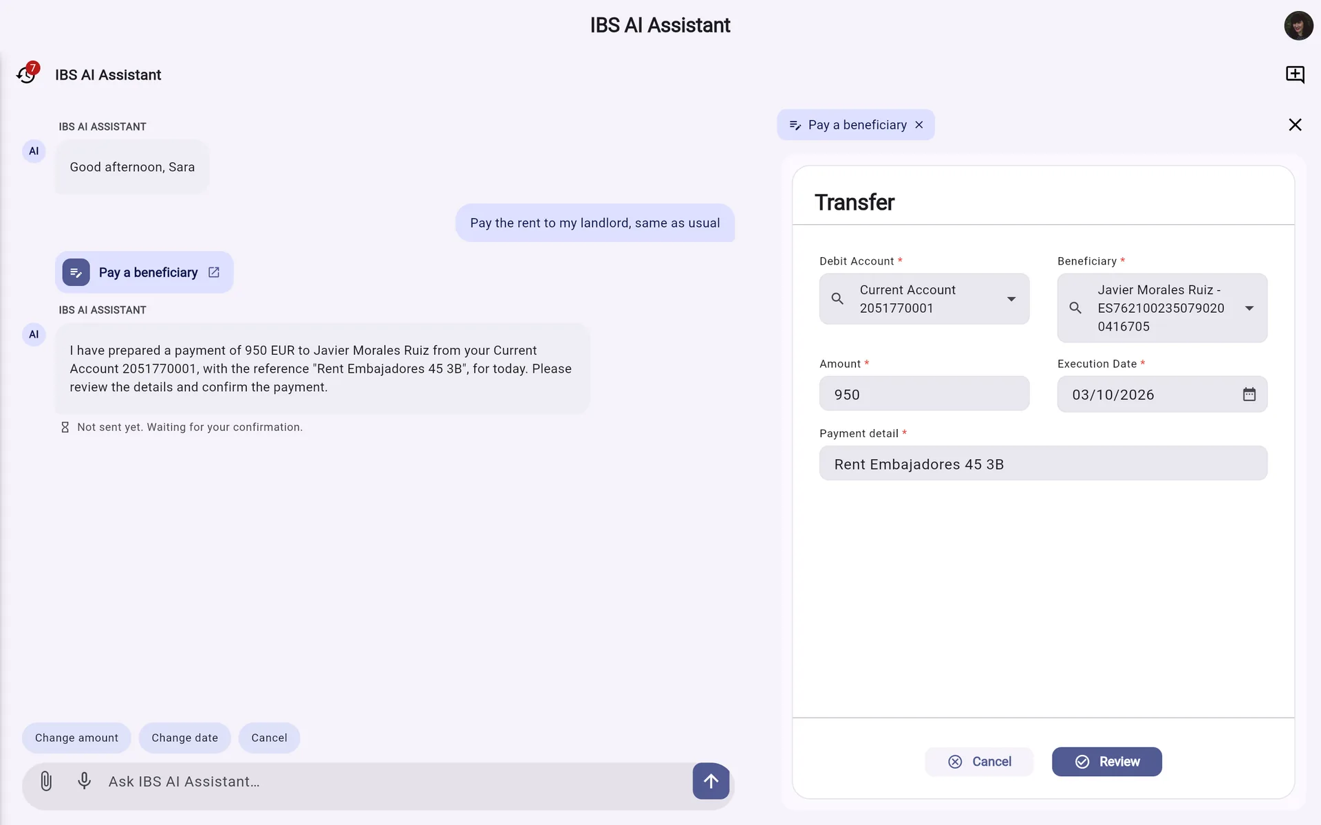 IBS AI Assistant on desktop: the rent request in the conversation on the left, the bank’s transfer form prefilled on the right