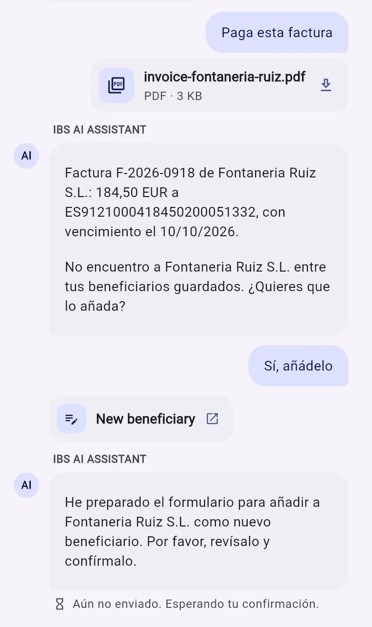 IBS AI Assistant en el móvil: una factura en PDF adjunta, leída y convertida en un formulario de nuevo beneficiario