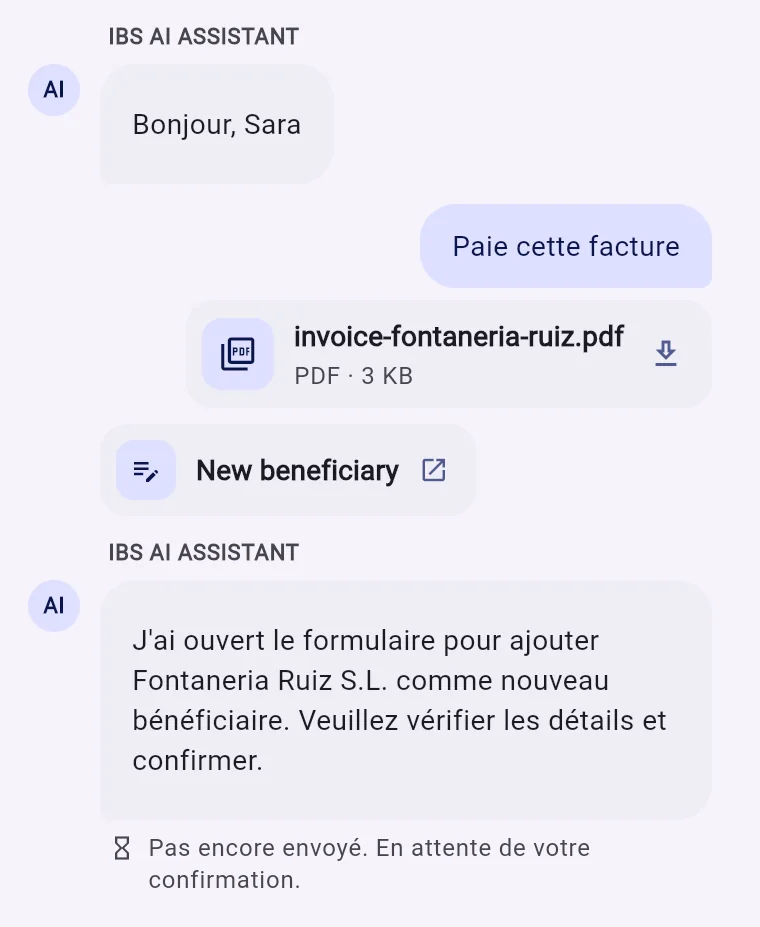 IBS AI Assistant sur mobile : une facture PDF jointe, lue et transformée en formulaire de nouveau bénéficiaire