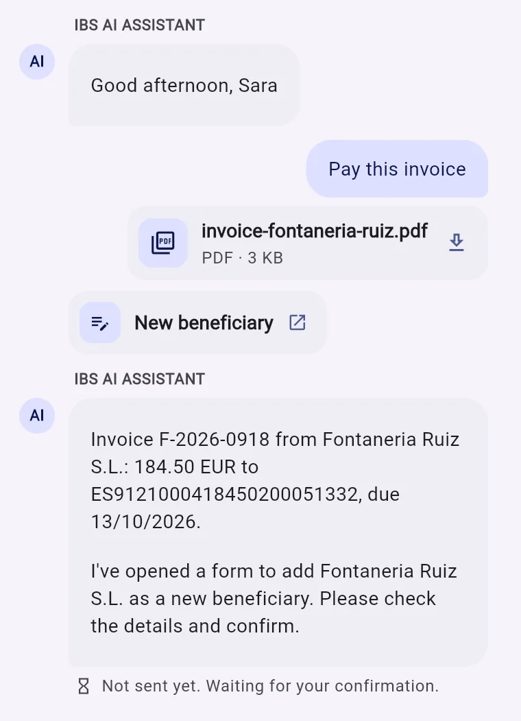 IBS AI Assistant on a phone: an attached PDF invoice read and turned into a new-payee form