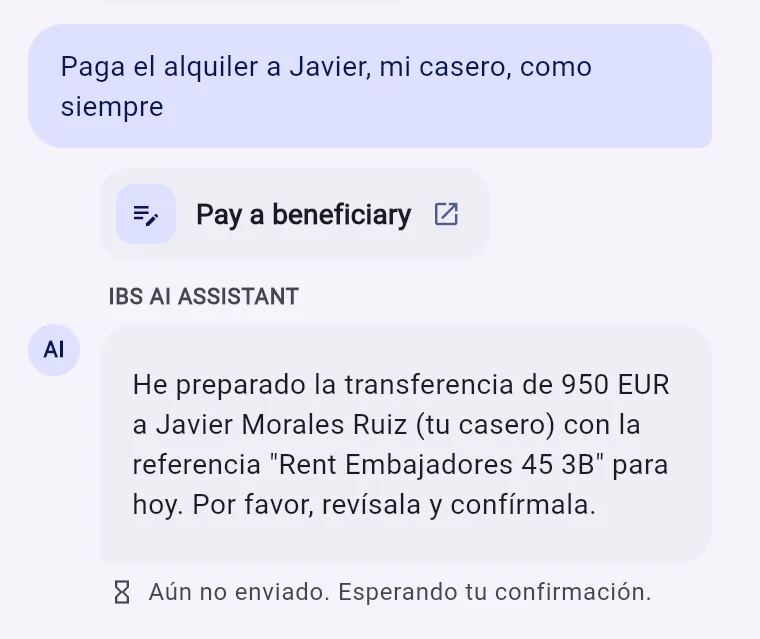 El cliente pide pagar el alquiler al casero, como siempre; el asistente prepara un pago de 950 EUR a Javier Morales Ruiz y pide confirmación