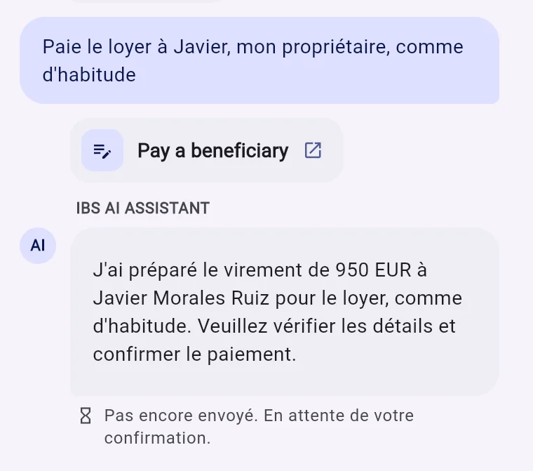 Le client demande de payer le loyer à son propriétaire, comme d'habitude ; l'assistant prépare un paiement de 950 EUR à Javier Morales Ruiz et demande confirmation