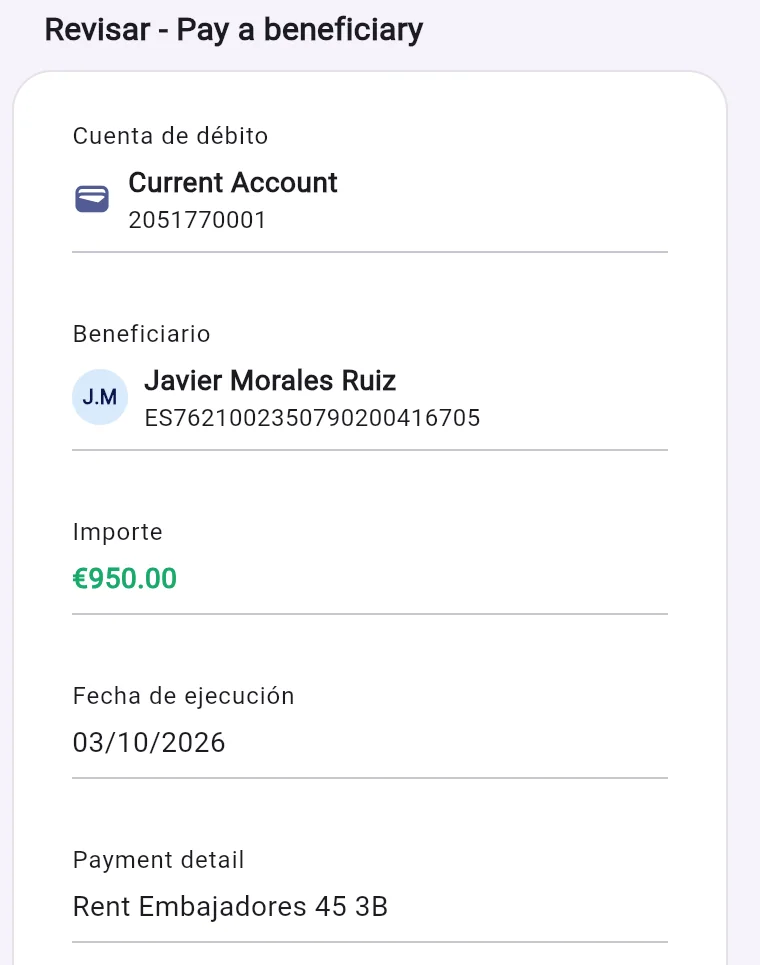 La pantalla de revisión del banco que abrió el asistente: cuenta de cargo, beneficiario, 950.00 EUR, hoy, concepto Rent Embajadores 45 3B