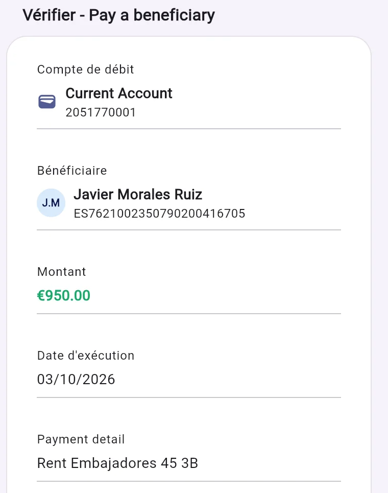 L'écran de vérification de la banque ouvert par l'assistant : compte à débiter, bénéficiaire, 950.00 EUR, date du jour, référence Rent Embajadores 45 3B