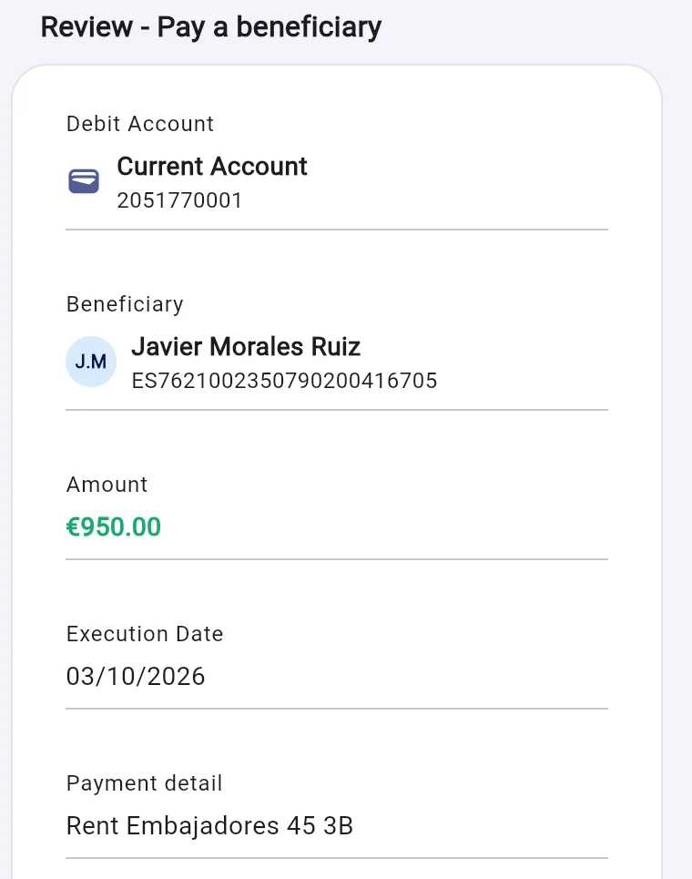 The bank’s review screen the assistant opened: debit account, beneficiary, 950.00 EUR, today, reference Rent Embajadores 45 3B