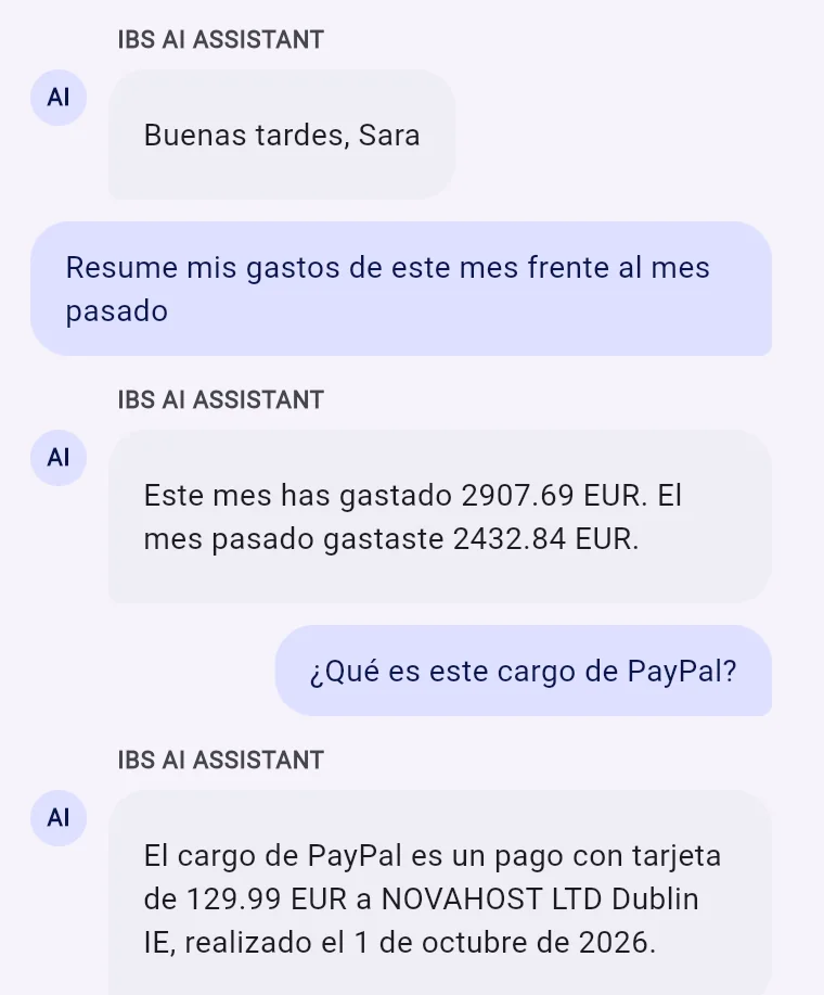 IBS AI Assistant: los gastos de este mes frente a los del mes pasado y, después, un pago con tarjeta explicado