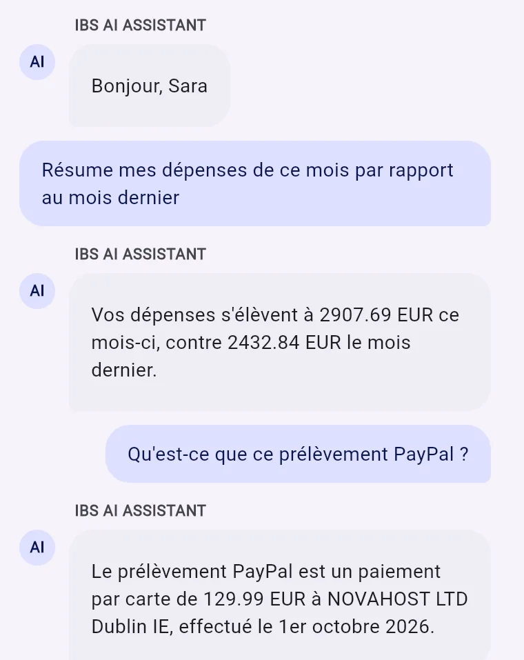 IBS AI Assistant : les dépenses du mois comparées au mois dernier, puis un paiement par carte expliqué