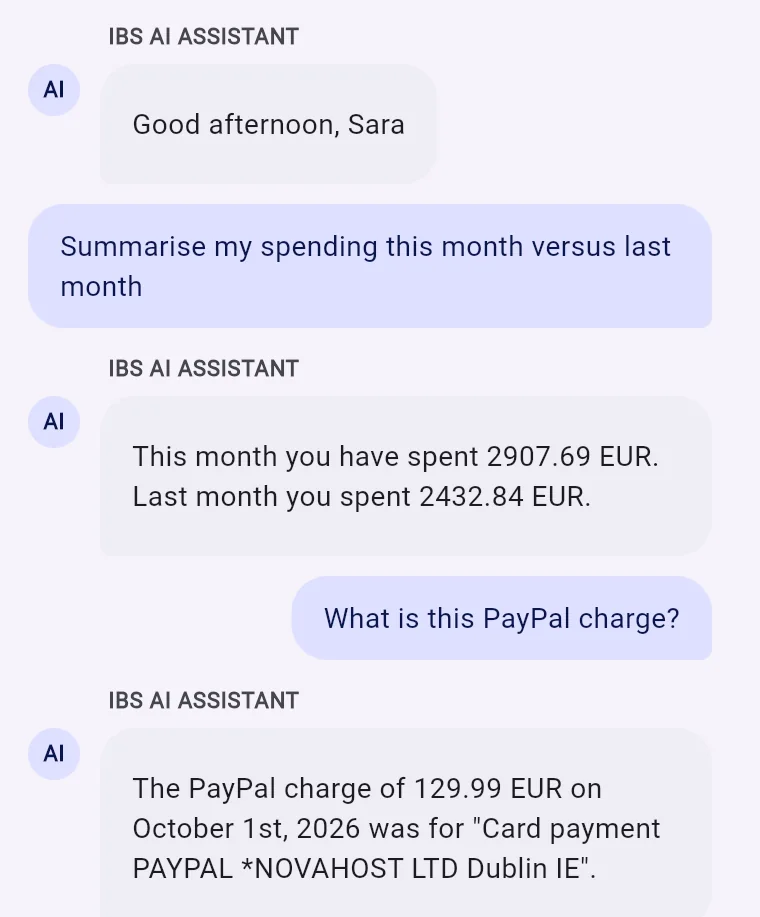 IBS AI Assistant: spending this month against last month, then a card payment explained