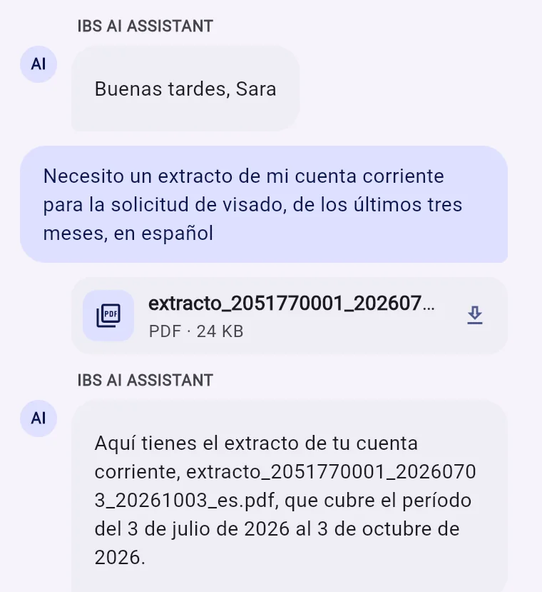 Un extracto de tres meses pedido con palabras y devuelto en PDF en la conversación