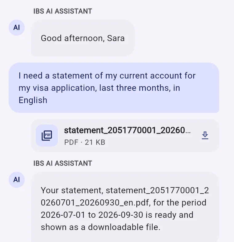 A three-month statement requested in words and returned as a PDF in the conversation