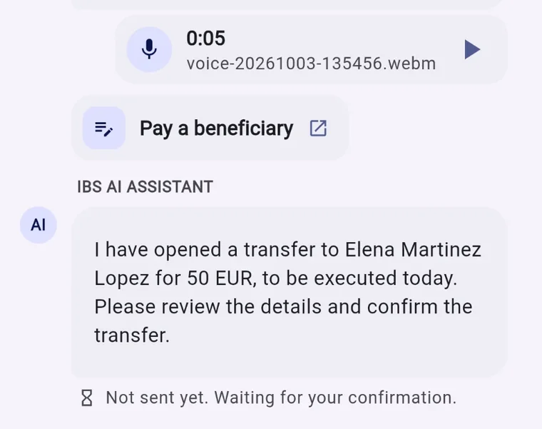 A 5-second voice message; the assistant opens a 50 EUR transfer to Elena Martinez Lopez, dated today, and asks to confirm