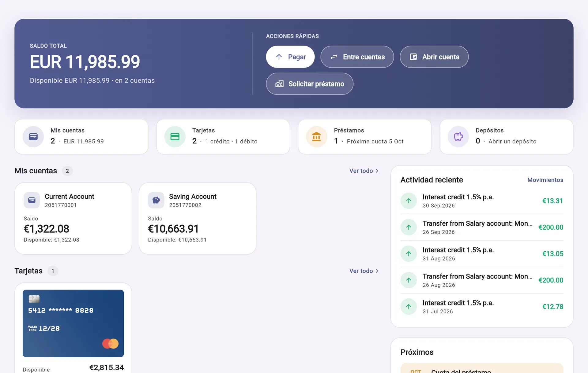 Panel de IBS Digital Banking: saldo total, cuentas, tarjetas, cuota del préstamo y accesos rápidos