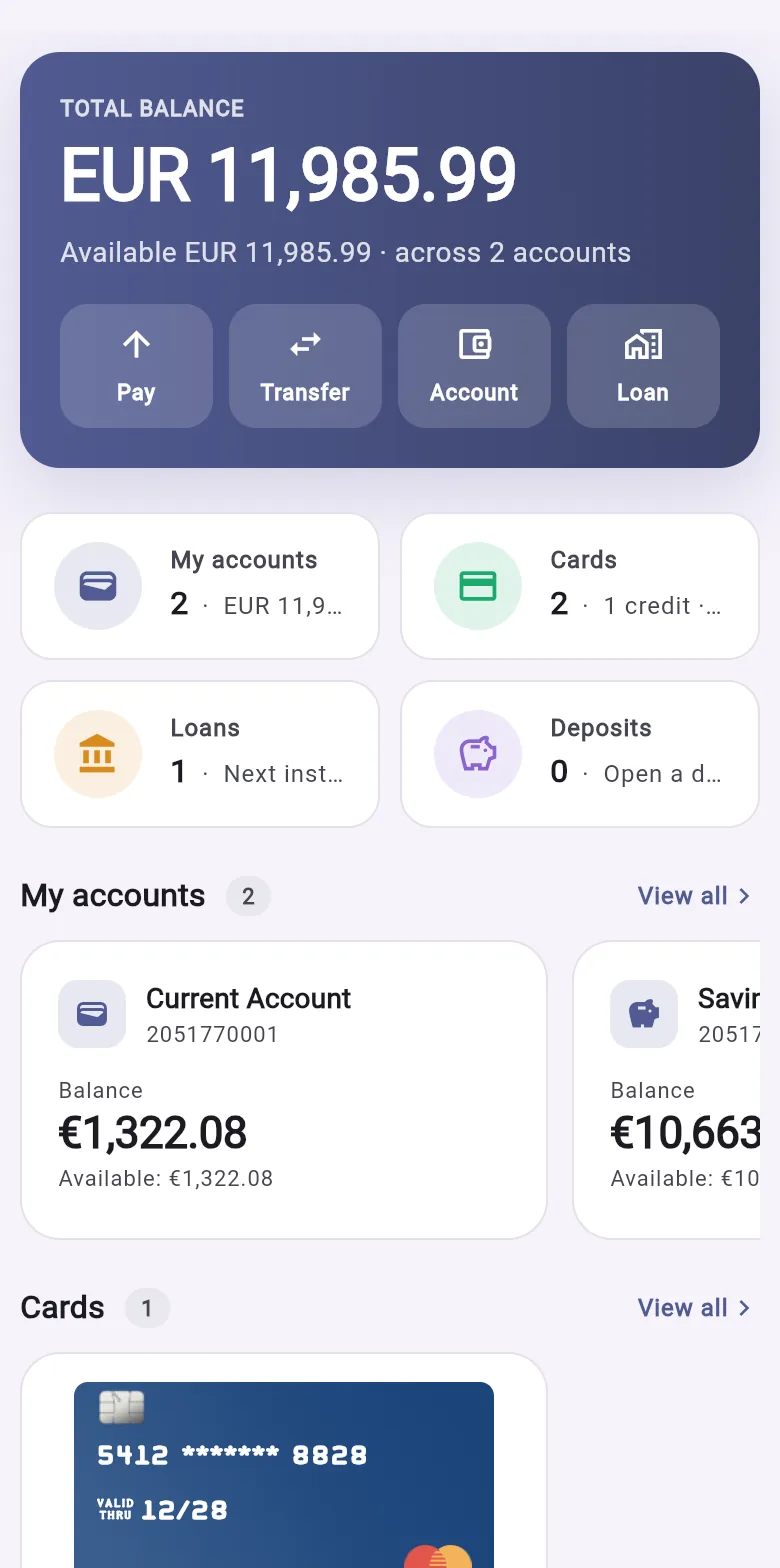 IBS Digital Banking on a phone: total balance, quick actions, accounts and cards